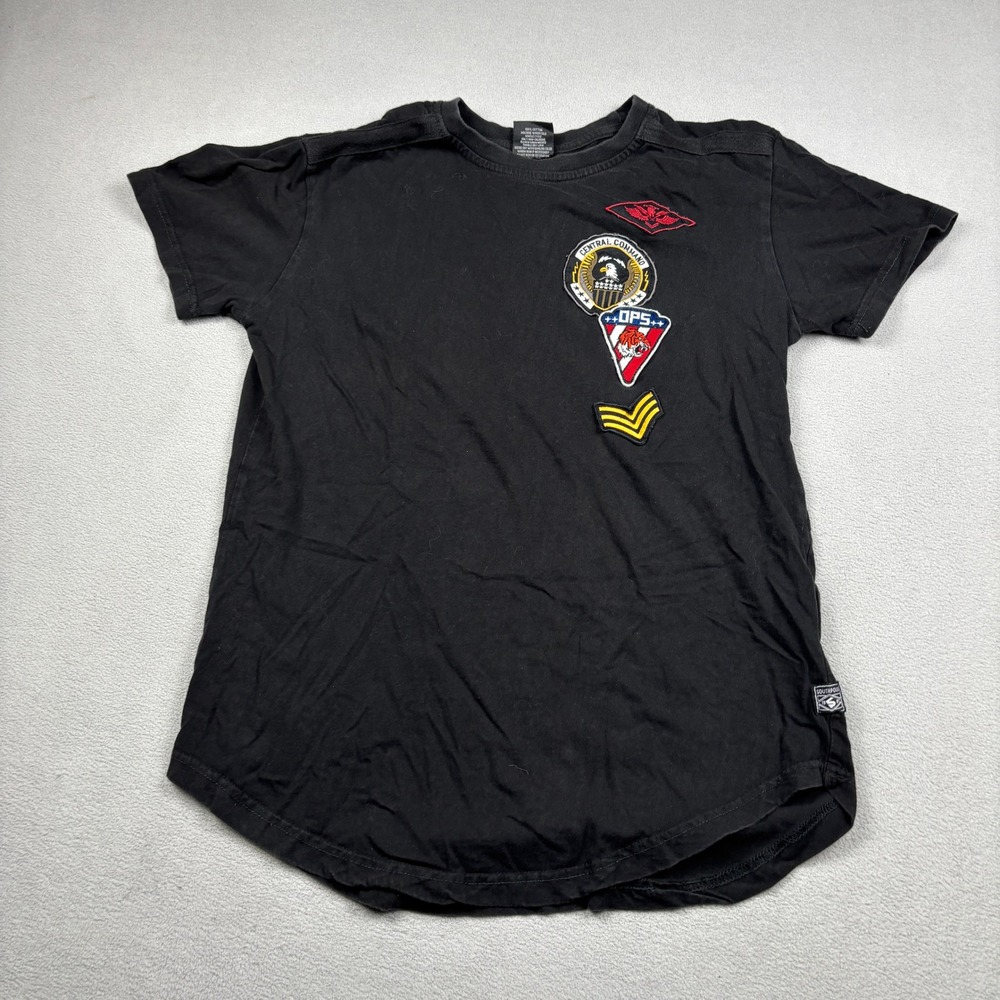 Southpole Mens Black Multi Patch Graphic T-Shirt Curved Medium Hemmed